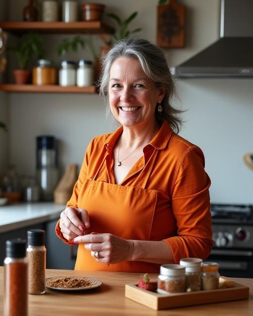 The founder of Saffron & Smiles smiling warmly while carefully measuring spices in a bright, inviting kitchen.