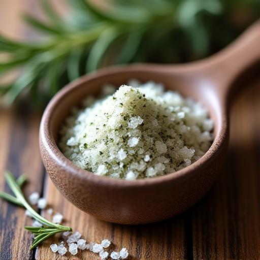 Coarse Pacific Northwest Herb Salt with visible green herbs in a ceramic bowl.