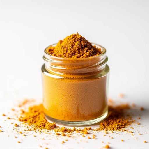 A small glass jar filled with a vibrant yellow-orange Moroccan Sunset spice blend.