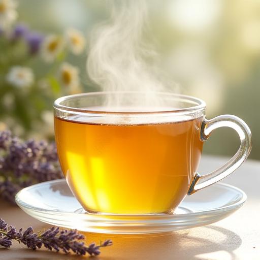 A clear glass teacup filled with steaming Tranquil Meadow Chamomile tea, garnished with a lemon slice.