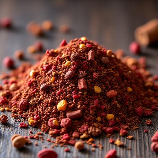 A pile of loose-leaf Ruby Rooibos Chai tea showing pieces of cinnamon and ginger.